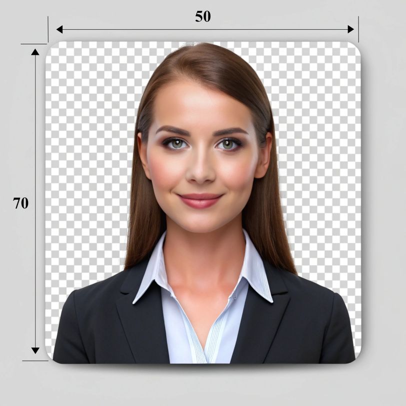 Sample passport photo with dimensions