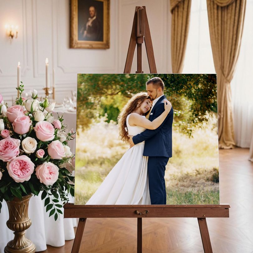 White canvas display stand with
      decorative flowers for wedding photos